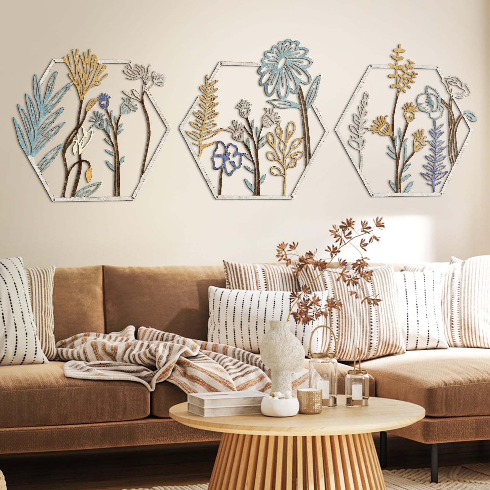 Photo 1 of Peryiter 3 Pcs Metal Flower Wall Decor Minimalist Floral Wall Hanging Decor Metal Flower Rustic Floral Art for Christmas Living Room Bathroom Kitchen Indoor Outdoor(Beige Gold)