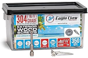 ALLEN'S TRADING CO. EAGLE CLAW FASTENERS #8 X 1 5/8 Inch Stainless Steel Wood Screws | 304 Grade (350 Pack) | Flat Head T20 Star Torx Drive | Small Wood Screws by Eagle Claw Fasteners | Corrosion & Rust Resistant (Includes Driver Bit)