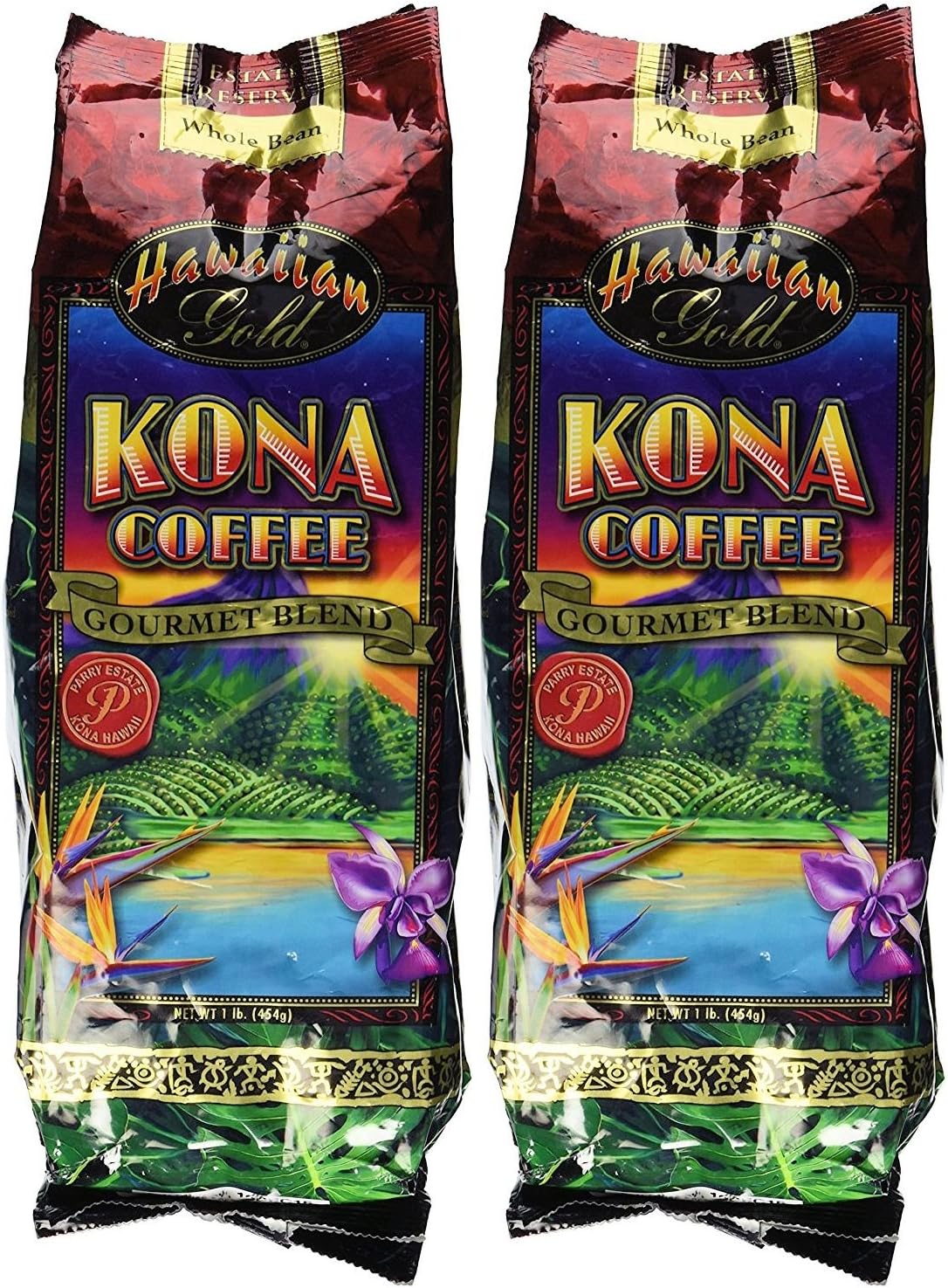 Hawaiian Gold Kona Coffee Gourmet Blend Whole Bean 1 Lb. (Pack of 2)