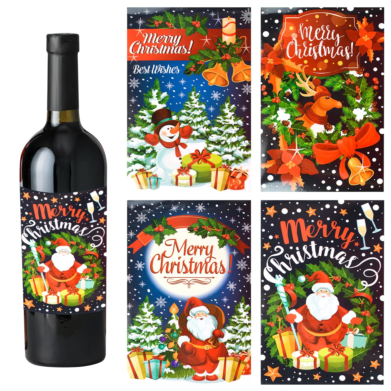 URROMA 48Pcs Merry Christmas Wine Bottle Labels 4 Designs Christmas Wine Bottle Stickers Drinks Wrappers for Christmas Party Favors Decor Supplies