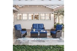 Belord 5 Piece Outdoor Patio Furniture Set - Wicker Furniture Patio Conversation Set, Outdoor Swivel Rocker Chairs with Loveseat Sofa and 2 Ottomans for Small Space, Blue Cushion