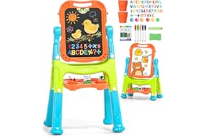 Lehoo Castle Kid Easel, 4 in 1 Double Sided Art Easel with Magnetic White Board & Chalk Board, Adjustable Standing Toddler Ea