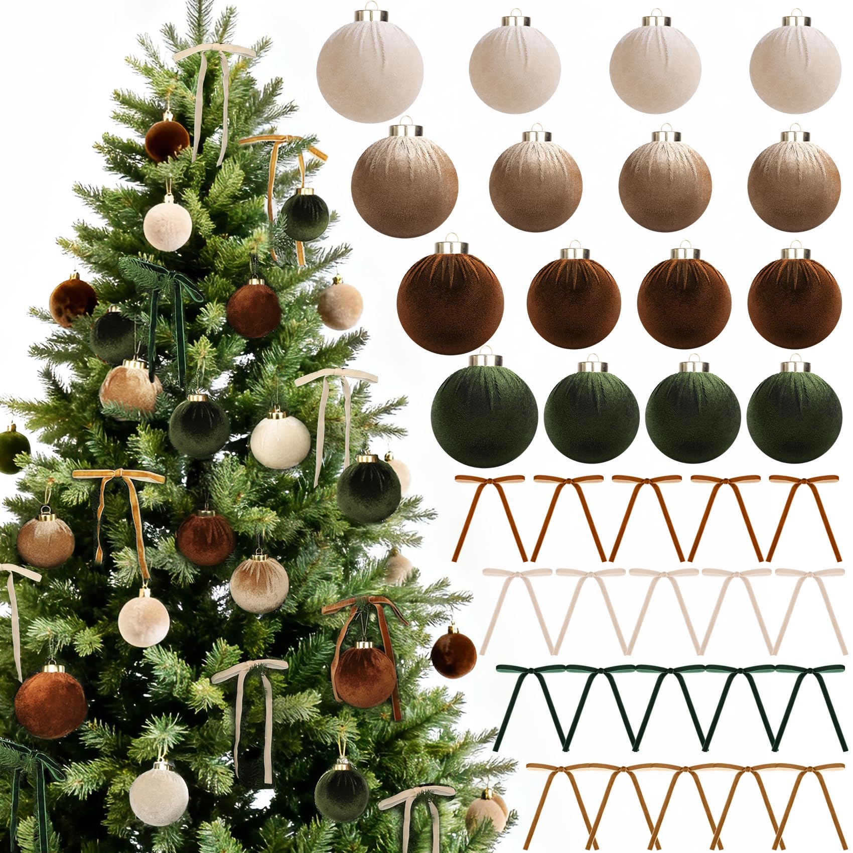 Photo 1 of 36 Pack Velvet Christmas Ball Ornaments Set, Neutral Christmas Balls with Ribbon Bows for Christmas Tree Decorations Flocked Shatterproof Hanging Ornaments for Holiday Xmas Home Decor, Brown & Green
