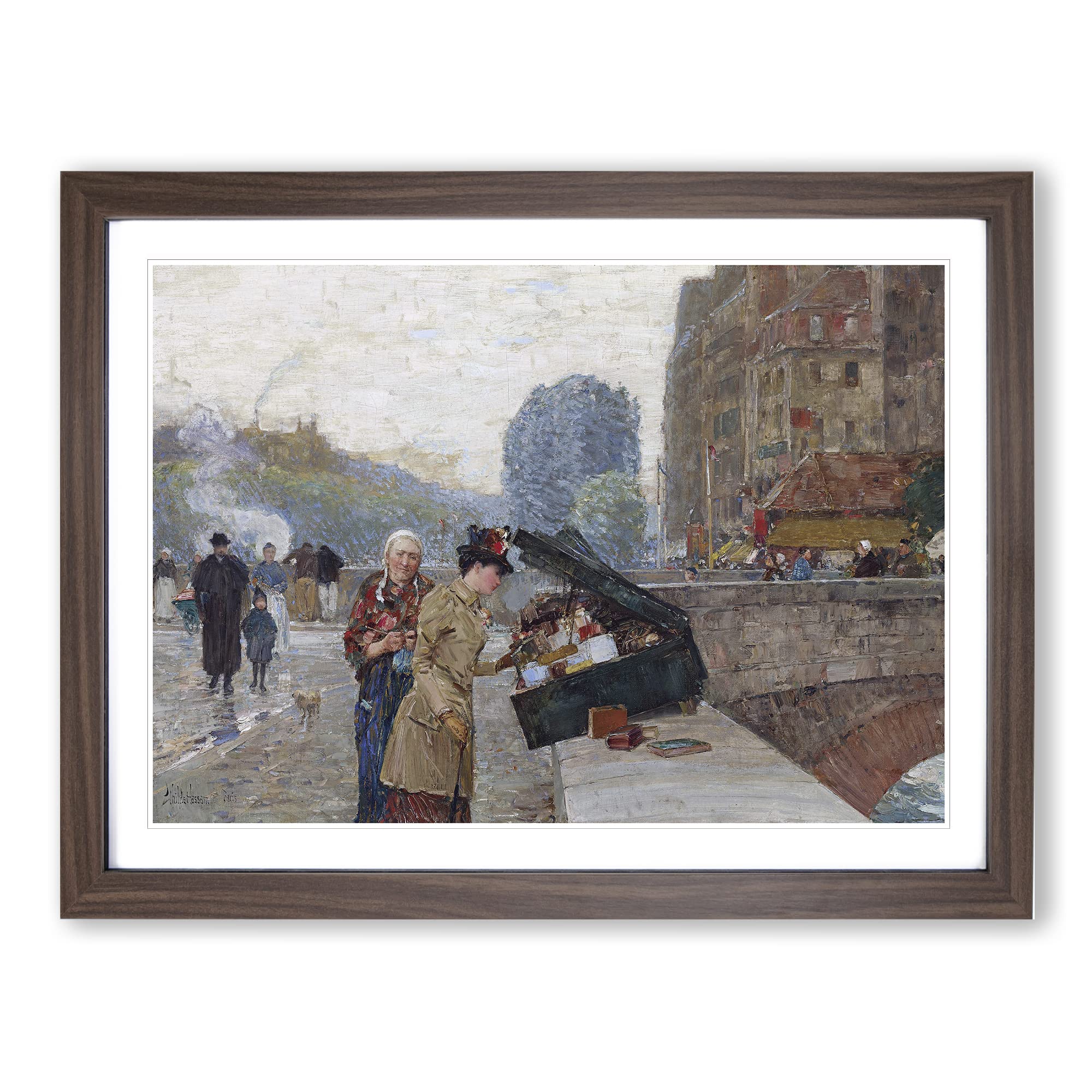 The Seller On The Bridge By Childe Hassam Classic Painting Framed Wall Art Print, Ready to Hang Picture for Living Room Bedroom Home Office Décor, Walnut A3 (46 x 34 cm)
