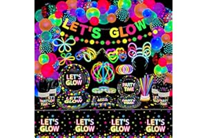 XJLANTTE 458 Pcs Glow in The Dark Party Supplies - Include Glow in The Dark Balloons, Banner, Glow Sticks, Tableware and Tablecloths for Glow Party Supplies Black Light Neon Party Decorations, Serve 20