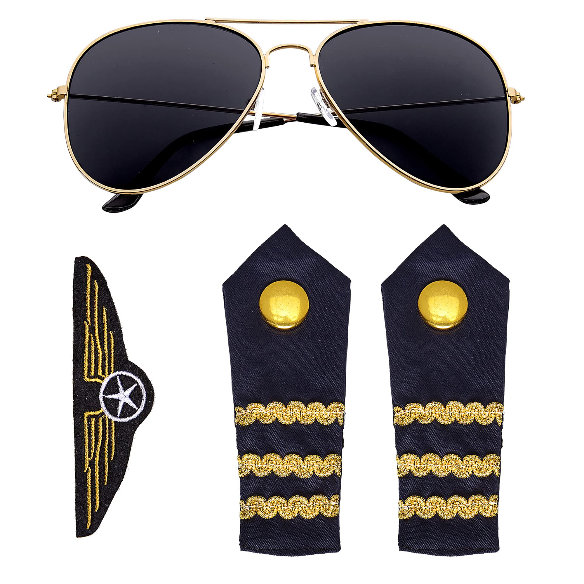 WIDMANN 00085 Pilot Set, 3 Pieces, Sunglasses, Epaulettes, Badge, Disguise Set, Accessory, Carnival, Theme Party (Blue/Gold)