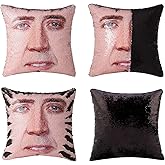 meachin Nicolas Cage Sequin Throw Pillow Cover Magic Reversible Funny Sequin Pillow Case Decorative Cushion Cover 16x16 Inche