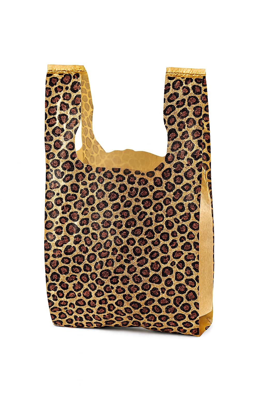 Photo 1 of Leopard Animal Print T-Shirt Bags with Handles – Small 8 x 5 x 16 in .48 Mil HDPE Disposable Plastic Shopping Bags for Boutiques, Apparel Stores, Salons, Gift Shops, Craft Fairs - 100 Pack