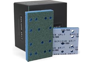 Serious Grit - 3" x 5" (80x133mm) Foam Sanding Pads - P120-150 Medium Finish Grit - 1/2" Thick Low Density Foam - Hook & Loop - Fits Festool RTS 400 & Mirka DEOS 3x5 Sanders – Made in USA – 10 Pack