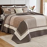 DDUOXIN 100% Cotton Queen Bedspread 102" W x120 L - Lightweight Oversized Quilt with 2 Pillow Shams, Farmhouse Plaid Reversible Bedspreads, Brown/Beige