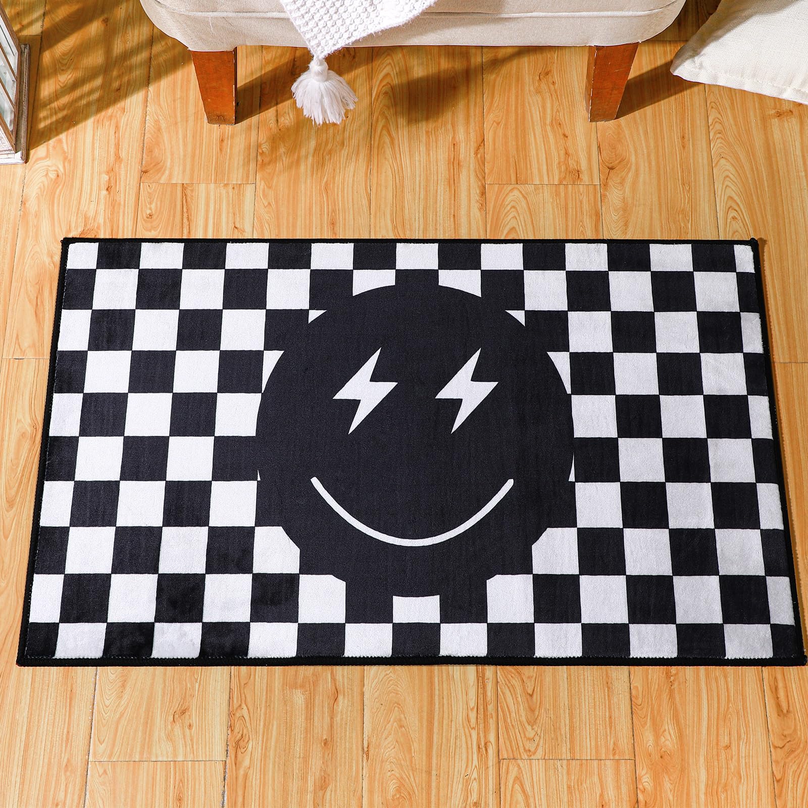 Photo 1 of Demissle Smile Face Rug Preppy Check Buffalo Plaid Funny Rug for Bedroom Contemporary Checkered Carpet Preppy Room Decor Reversible for Living Room Bedroom Dormitory Porch(Black and White)