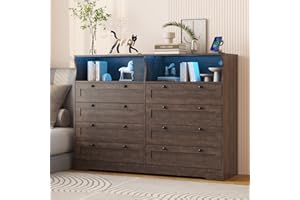 LED Dresser with 8 Drawers & Power Outlet, Large Wood TV Stand for 55” TV,Modern Chest of Drawers with USB Charging for Bedro