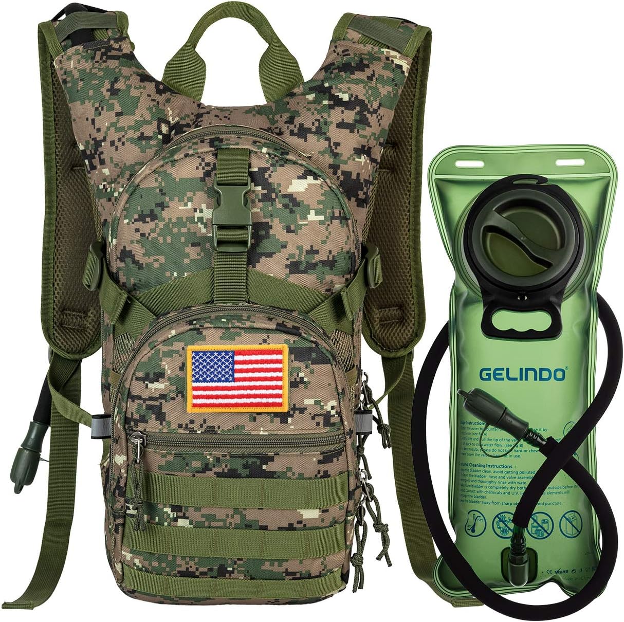 Gelindo Military Tactical Hydration Backpack with 2L Water Bladder Light Weight, MOLLE Tactical Assault Pack for Hiking Biking Running Walking Climbing Outdoor Travel