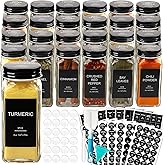 AISIPRIN 24 Pcs Glass Spice Jars with 398 Labels, 4oz Empty Square Containers Seasoning Bottles - Shaker Lids, Funnel, Brush 