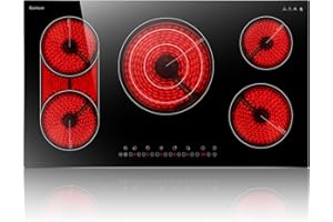 Karinear 36 Inch Electric Cooktop, 5 Burners Electric Stove Top, Flexible Bridge &Triple Ring Expandable Burners, Pause, Timer, Child Safety Lock, 9600W Built-in Ceramic Cooktop for 220-240V Hard Wire