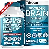14-in-1 Lions Mane Supplement Capsules - Nootropic Brain Supplement with Ginkgo Biloba for Brain Support, Memory and Focus - Alpha GPC, L Theanine & Choline Supplements with 1300mg Per Serving (60 ct)