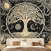 Avinyl Tree of Life Wall Tapestry for Bedroom, Sun and Moon Hippie Tapestries Aesthetic, Black and Gold Wall Hanging Home Decor for Dorm Living Room Office 51in x 60in