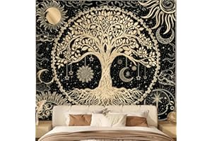Avinyl Tree of Life Wall Tapestry for Bedroom, Sun and Moon Hippie Tapestries Aesthetic, Black and Gold Wall Hanging Home Decor for Dorm Living Room Office 51in x 60in