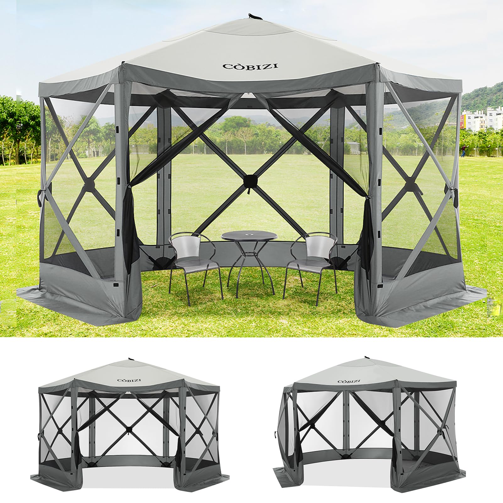 Photo 1 of COBIZI 12x12ft Pop up Gazebo Screen Tent Screen House for Camping, Camping Outdoor Screened Gazebo with Mosquito Netting, Portable Hub Tent with Carrying Bag and Ground Stakes, Grey(Upgraded 2.0)