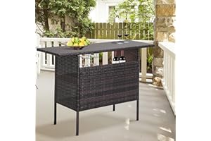 FHFO Patio Bar Table Outdoor Bar Table Patio Wicker Bar Counter Table Backyard Furniture Portable Bar Table Patio Side Table with 2 Steel Shelves and Goblet Wine Glass Holders for Pool Party Backyard