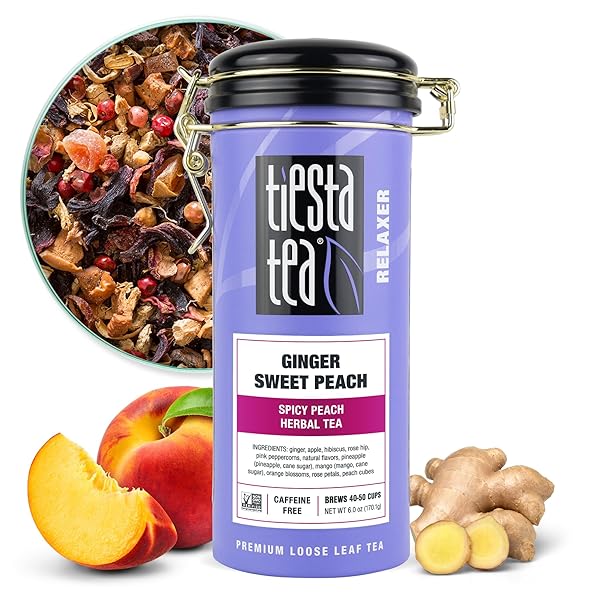 TIESTA TEA – GINGER SWEET PEACH | LOOSE LEAF | SPICY PEACH HERBAL TEA | TRANQUILITY NON-CAFFEINATED BLEND | BULK HIBISCUS LEAVES WITH CANE SUGAR | BREWS UP TO 50 CUPS | 6 OUNCE REFILLABLE TIN