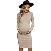 Womens Long Sleeve Knit Ribbed Maternity Dress, Ruched Midi Maternity Bodycon Dress Casual Work