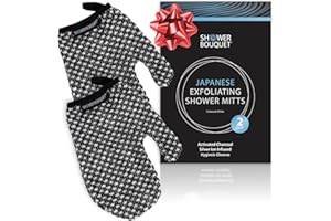SHOWER BOUQUET Japanese Exfoliating Mitt 2-Pack - Charcoal & Silver Ion Exfoliating Gloves for Shower - Soft Inner Fabric Gentle Exfoliation & Deep Cleansing Body Scrub Gloves for All Skin Types - 2 White