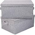 HOONEX Linen Foldable Storage Bins with Lids, 2 Pack, Storage Boxes with Carrying Handles and Sturdy Heavy Cardboard, 16.5" L