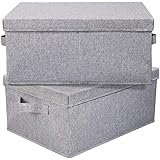 HOONEX Linen Foldable Storage Bins with lid, 2 Pack, Storage Boxes with Carrying Handles and Study Heavy Cardboard, 16.5" L x