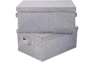 HOONEX Linen Foldable Storage Bins with Lids, 2 Pack, Storage Boxes with Carrying Handles and Sturdy Heavy Cardboard, 16.5" L x 11.8" W x 7.5" H for Shoes, Books, Clothes, Light Grey