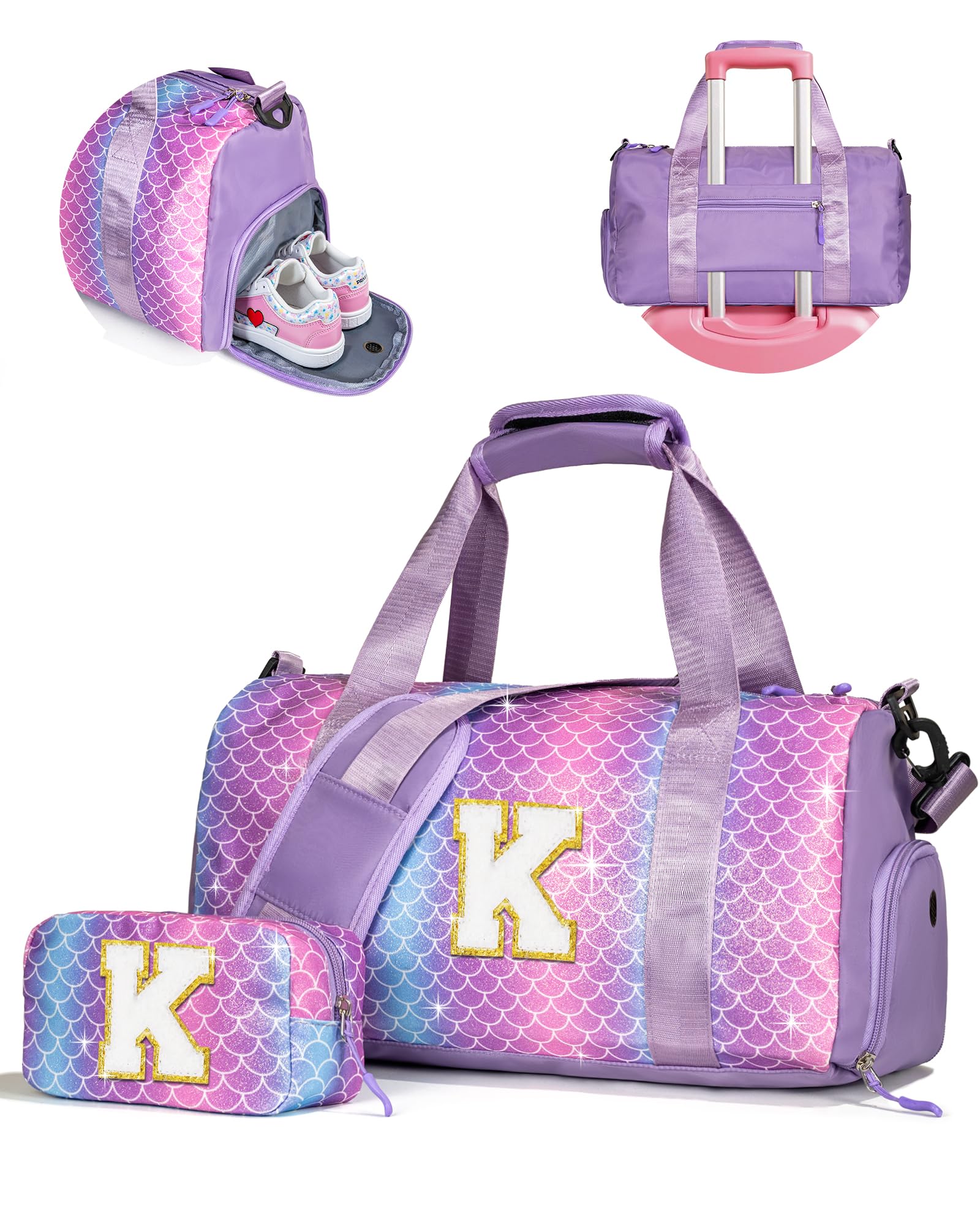Photo 1 of Vogewood Girls Cheer Up Gifts-Girl Gym Bag with Shoe Compartment, Kid Personalized Weekender Overnight Bags, Initial Travel Tote with Makeup Pouch, Graduation Gift for Niece Kids Daughter (Letter K)
