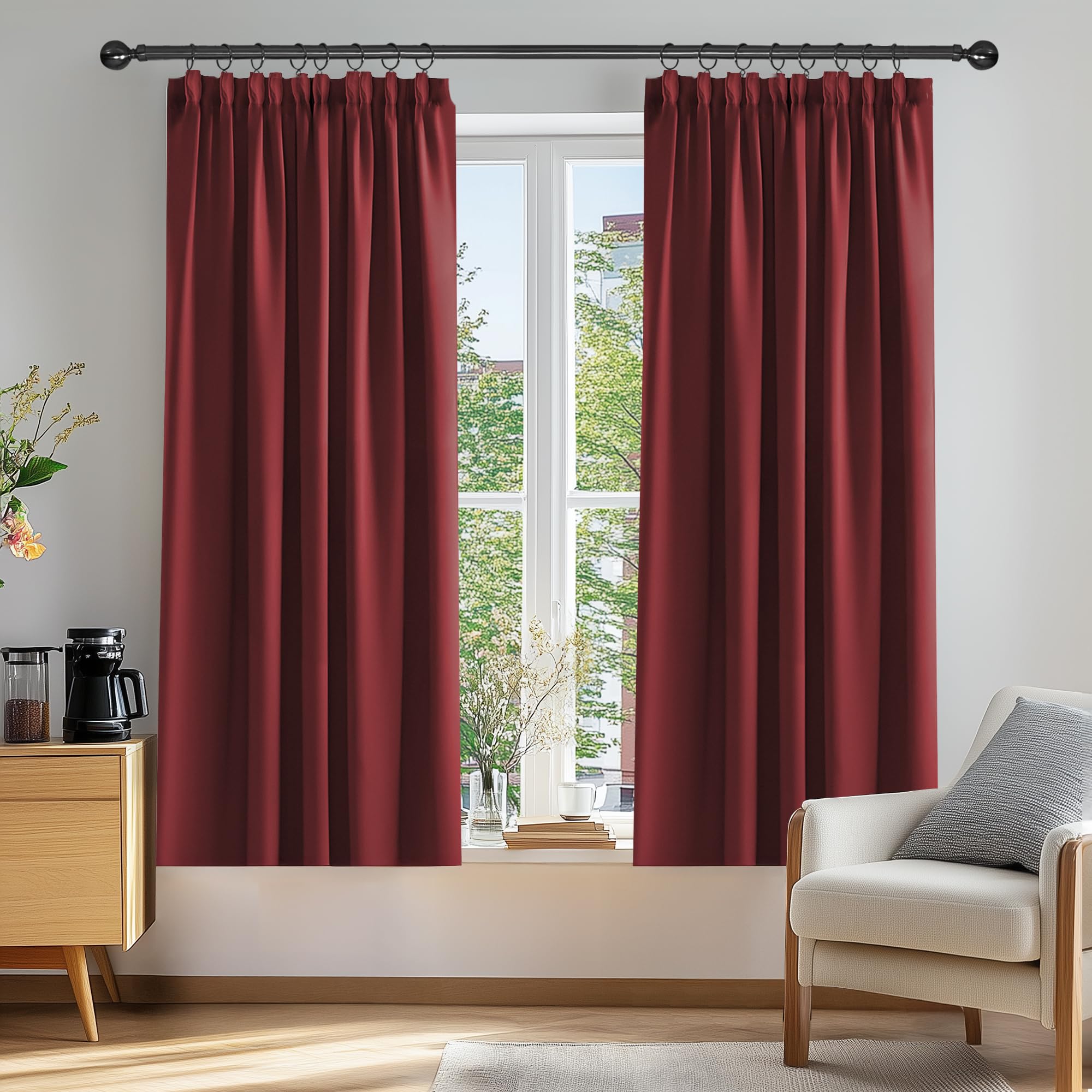 Deconovo Set of 2 Modern Living Room Curtains 50% Blackout Kitchen Thermal Anti-Cold Insulation Ruffle Tape 117 x 138 cm Dark Red