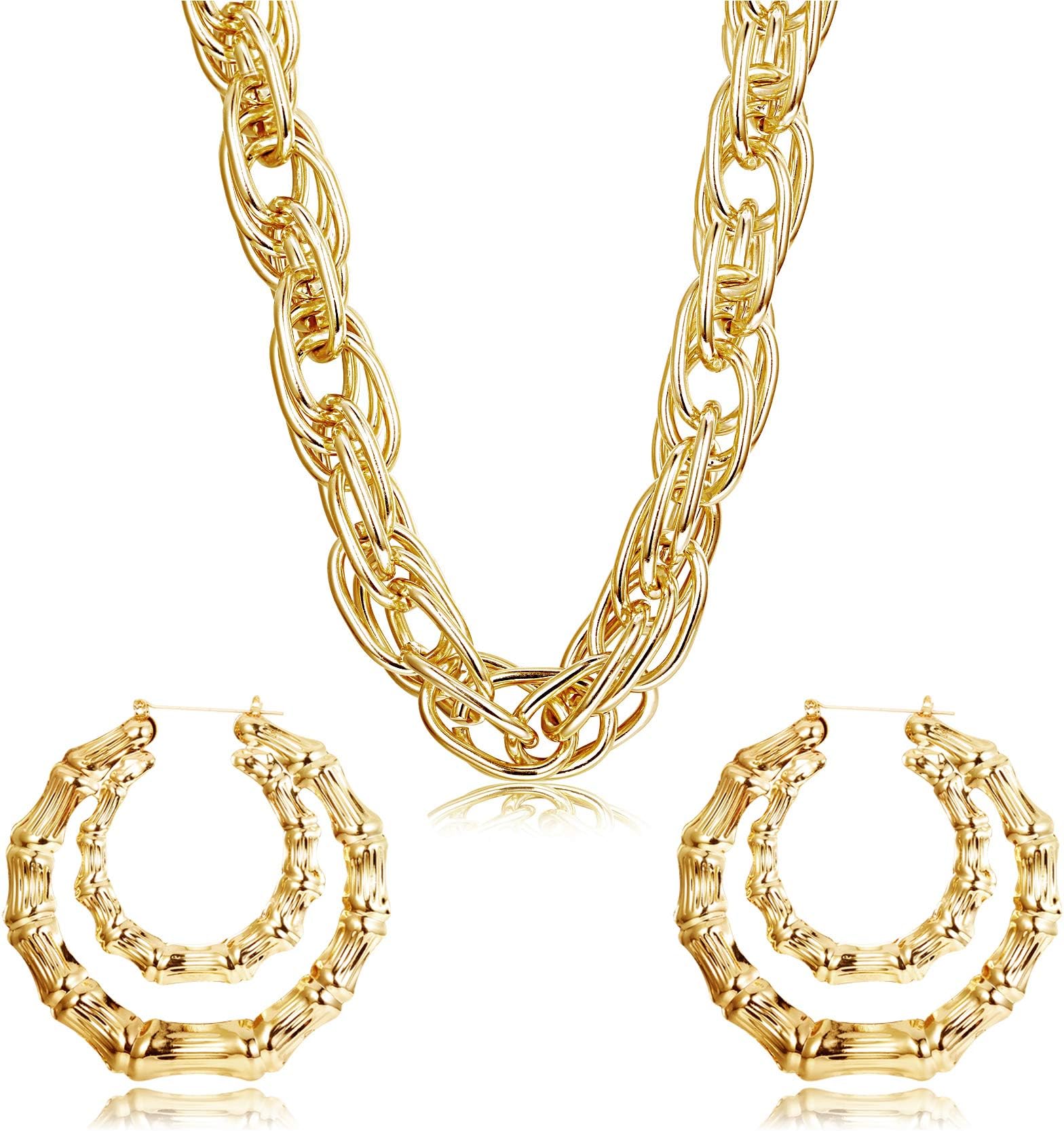 HANPABUMGold Plated Chunky Rope Chain Necklace and Large Hollow Casting Triangle Bamboo Hoop Earrings Set for Men Women Gold Tone Costume Jewelry Punk Hip Hop Rapper Style