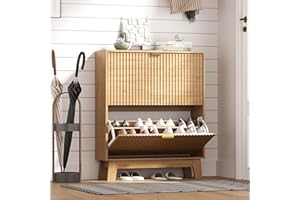 HUANLEGO Shoe Cabinet Storage for Entryway with 2 Flip Drawers, Fluted Narrow Shoe Organizer with Wooden Legs, Freestanding Slim Shoe Storage Hidden Shoe Rack Organizer for Front Door Entrance, Oak