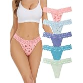 voenxe Seamless Women Thong,No Show Lace Underwear,Cotton-Like Soft Undies | 5 Pack Invisible Ladies Lacy Band Breathable Athletic Thongs, Comfortable Mid Rise No Seam Tangas, Comfy Gym Workout Panty
