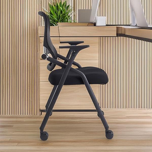 BROBRIYO PRO, STACKABLE & FOLDABLE CONFERENCE ROOM CHAIRS WITH 2X THICK CUSHION, LUMBAR SUPPORT, ARMREST – MESH BOUNCING BACK FOR OFFICE MEETING, CONFERENCE, TRAINING ROOM CHAIR 1 PACK