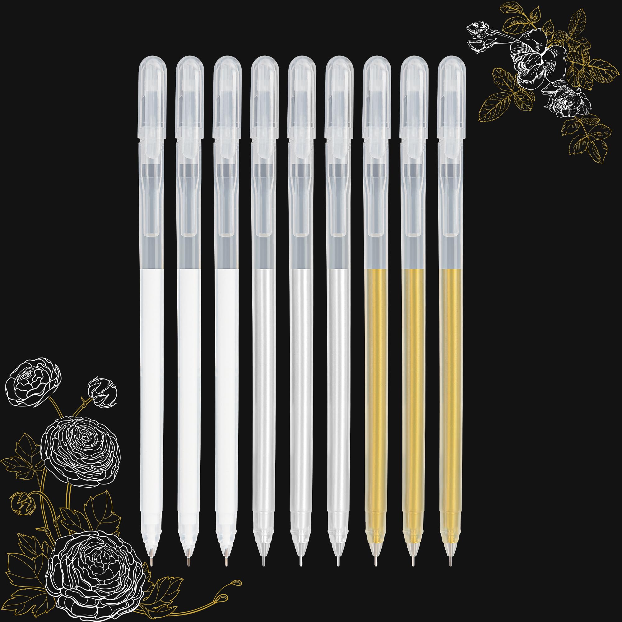 SMOOTHERPRO White Gold Silver Gel Pen Set | Highlight Gel Ink Pen | 0.6mm Fine Art Liner Drawing Pen | for Black Dark Paper Drawing Sketching Design Supplies (GWS06-9) | 9 Pack