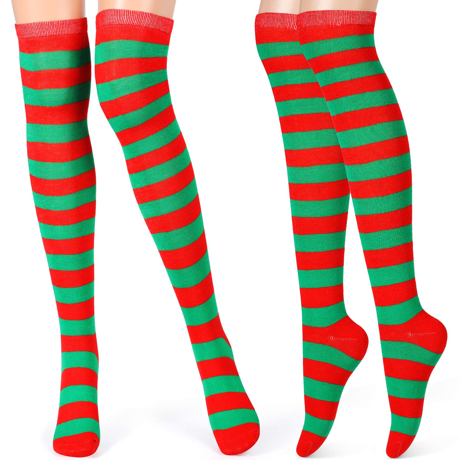 Tatuo 2 Pairs Women Long Striped Socks Over Knee High Opaque Stockings for Mardi Gras St Patrick's Day Irish Christmas (Purple Green and Yellow Stripe)