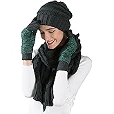 Winter Hat Gloves Scarf Set for Women, Beanie Warm Knit Pom Hat Touch Screen Glove Long Scarf 3pcs Winter Gift Set for Women
