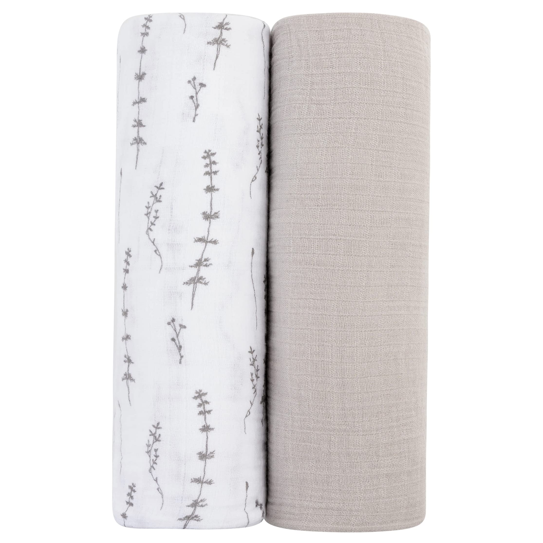 Ely's & Co. Muslin Swaddle Blanket 2-Pack — 100% Cotton Muslin Extra-Large Swaddle Blankets (47” x 47”) Solid + Printed (Forest Grey Delicate Leaves + Solid Pebble Grey)