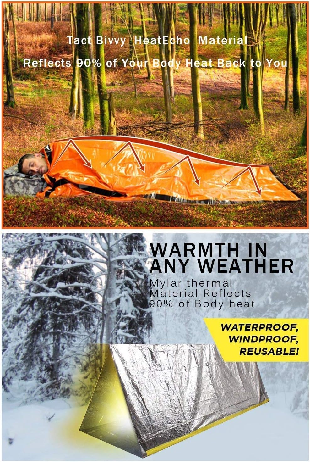 ACVCY Emergency Sleeping Bag, 2PCS Lightweight Emergency Bivy Sack Survival Compact Survival Sleeping Bag Waterproof Thermal Emergency Blanket Multi-use Survival Gear for Outdoor, Hiking, Camping : Home & Kitchen