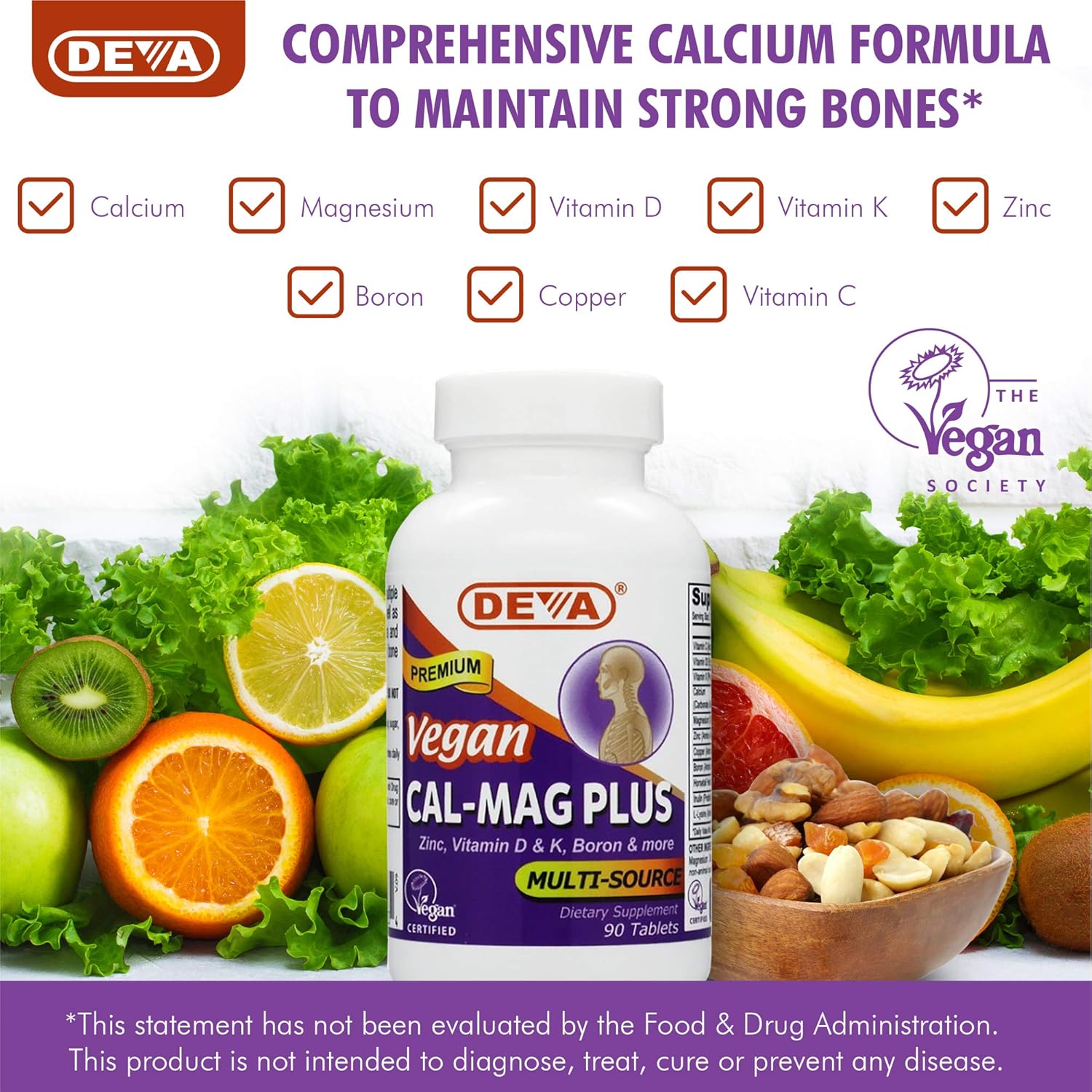 DEVA Vegan Cal MAG Plus - Supplement with Calcium, Magnesium, Zinc, Boron, Vitamin C, D & K - Daily Nutritional Supplement to Maintain Strong Bones* - 90 Vegetarian/Vegan Tablets, 2-Pack: Health & Personal Care
