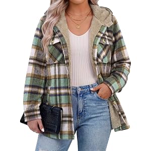 IN'VOLAND Womens Plus Size Plaid Shacket Jacket Fleece Hooded Warm Coat | Long Sleeve Flannel Shirts,Button Down Sherpa Jacke