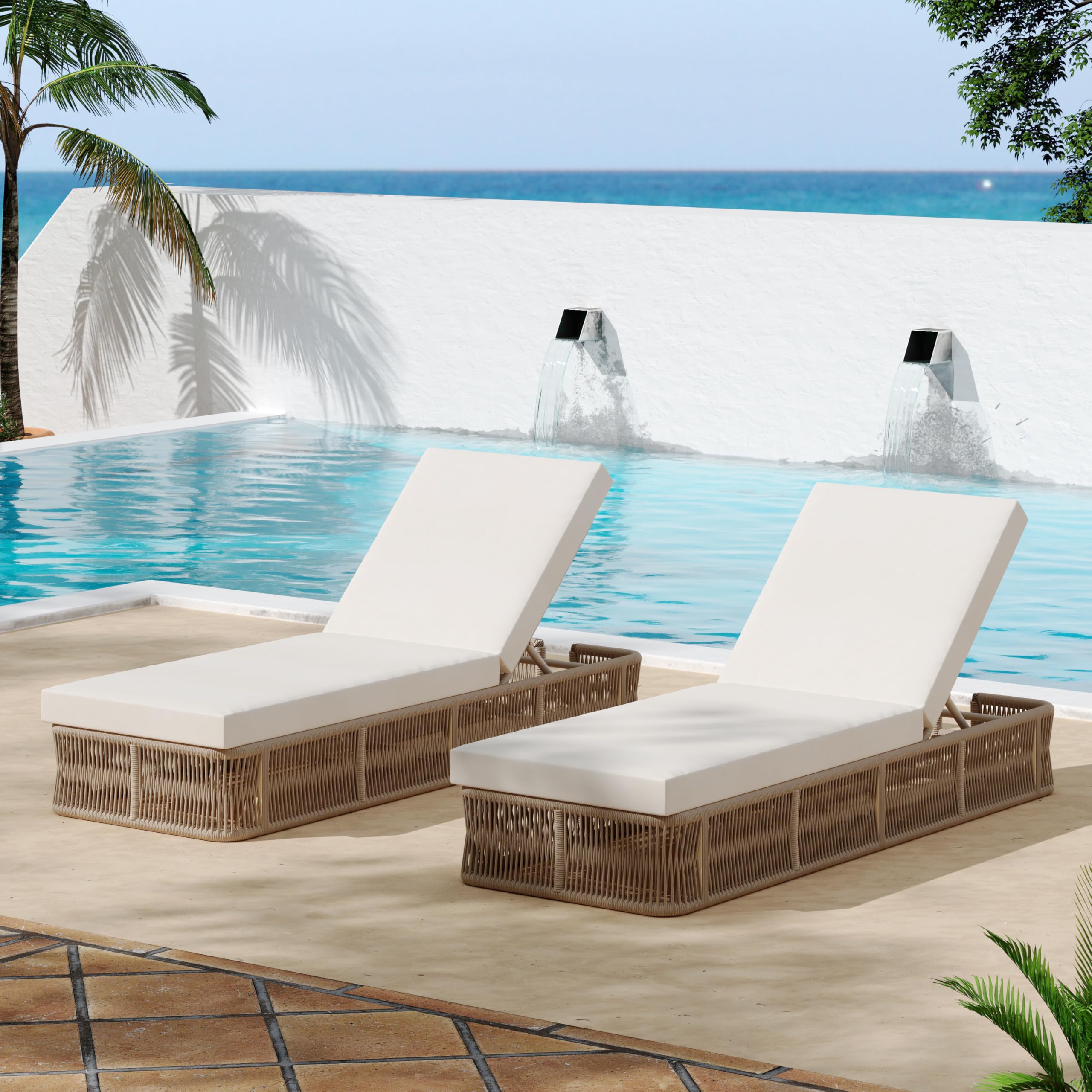 Photo 1 of ***MULTIPLE BOX SET*** Christopher Knight Home Xayo Set of 2 Patio Chaise Lounge Chair Outdoor with 4-Thick Cushion, Metal Poolside Sun Lounger with Cross-Weave Rope Accent, Adjustable Backrest Pool Lounger, Beige + Cream
