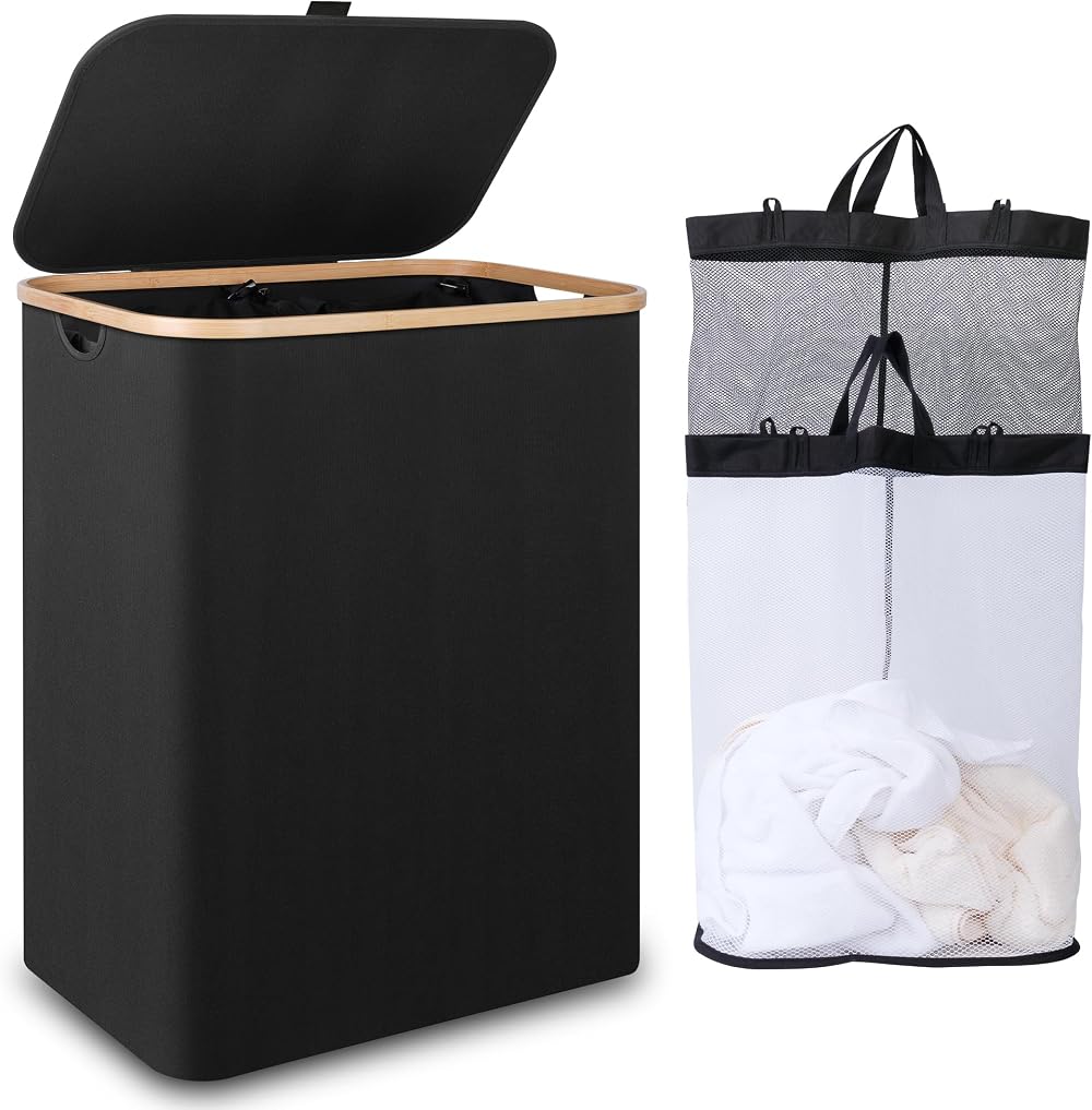 iEGrow 150L Large Laundry Basket with Lid and 2 Compartments Black