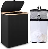 iEGrow 150L Large Laundry Basket with Lid and 2 Compartments Black
