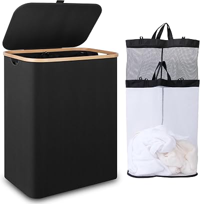 iEGrow 150L Large Laundry Basket with Lid and 2 Compartments Black