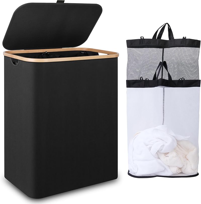 iEGrow 150L Large Laundry Basket with Lid and 2 Compartments Black