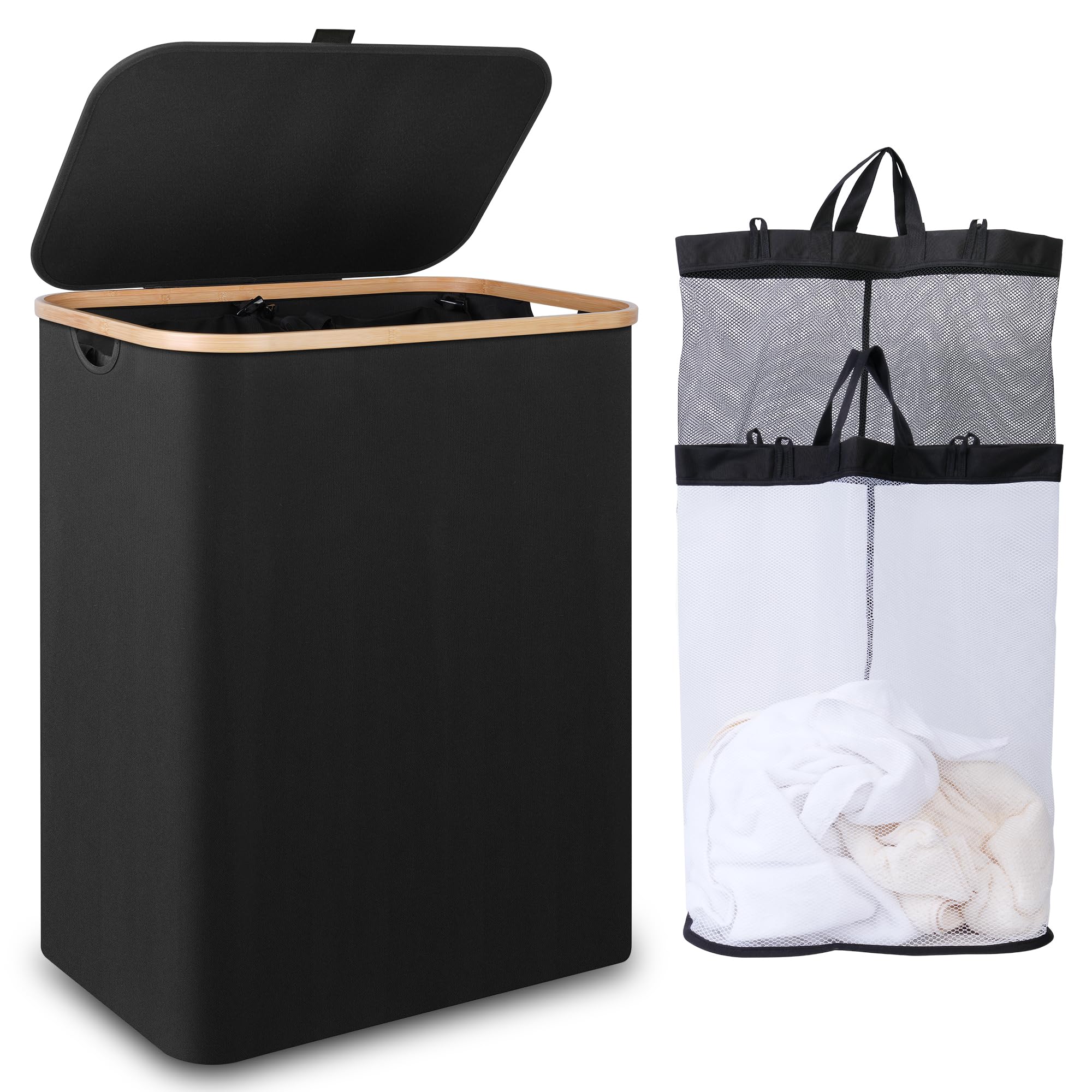 iEGrow Large Laundry Basket with Lid 150L, Double Laundry Baskets with Removable and Washable Inner Bags, 2 Compartments Foldable Washing Basket for Drity Cloth Toys Towels Storage (Black)