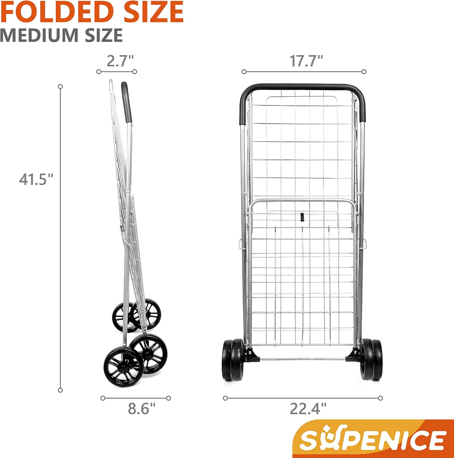 supenice Grocery Utility Shopping Cart - Deluxe Utility Cart with Oversized Basket and Tool Free Installation Light Weight Folding Cart with Wide Cushion Handle Bar for Laundry Book Luggage Travel: Home & Kitchen